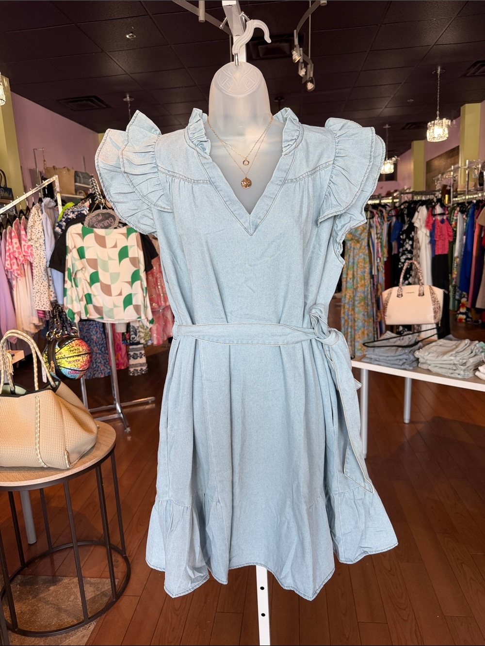 Light Blue Ruffle Sleeve Women’s Dress with Waist Tie